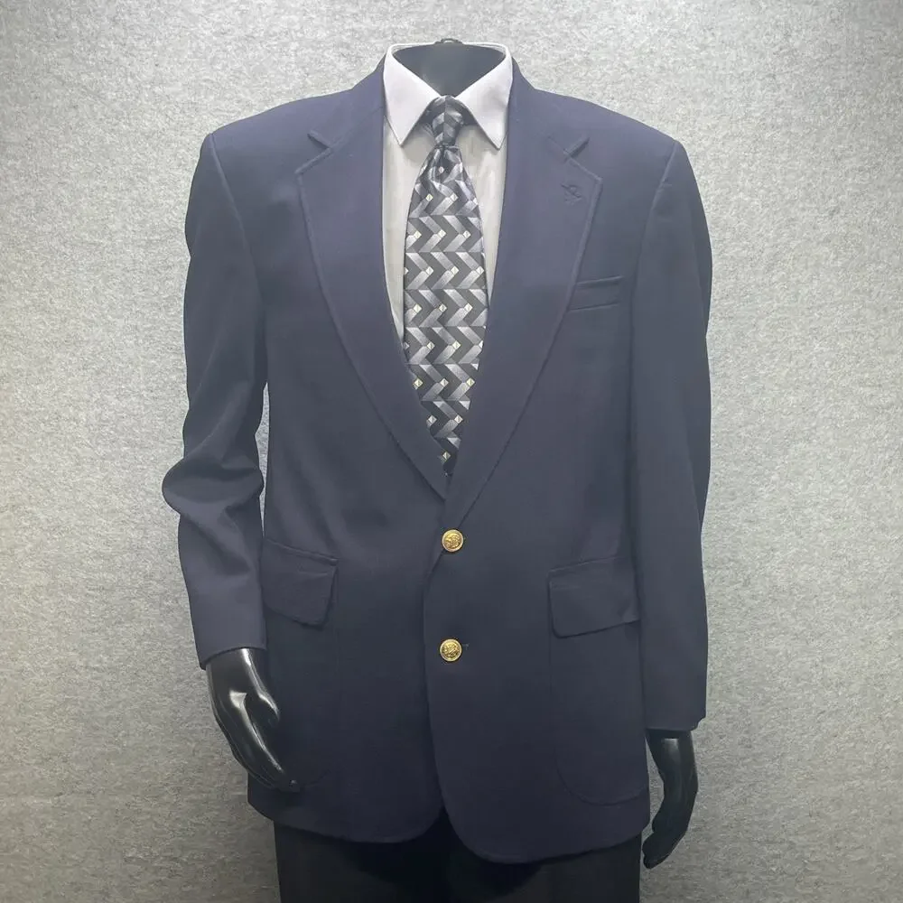 Vtg Lands End Gold Button Navy Blazer Mens 48R Wool Suit Jacket Sport Coat READ
